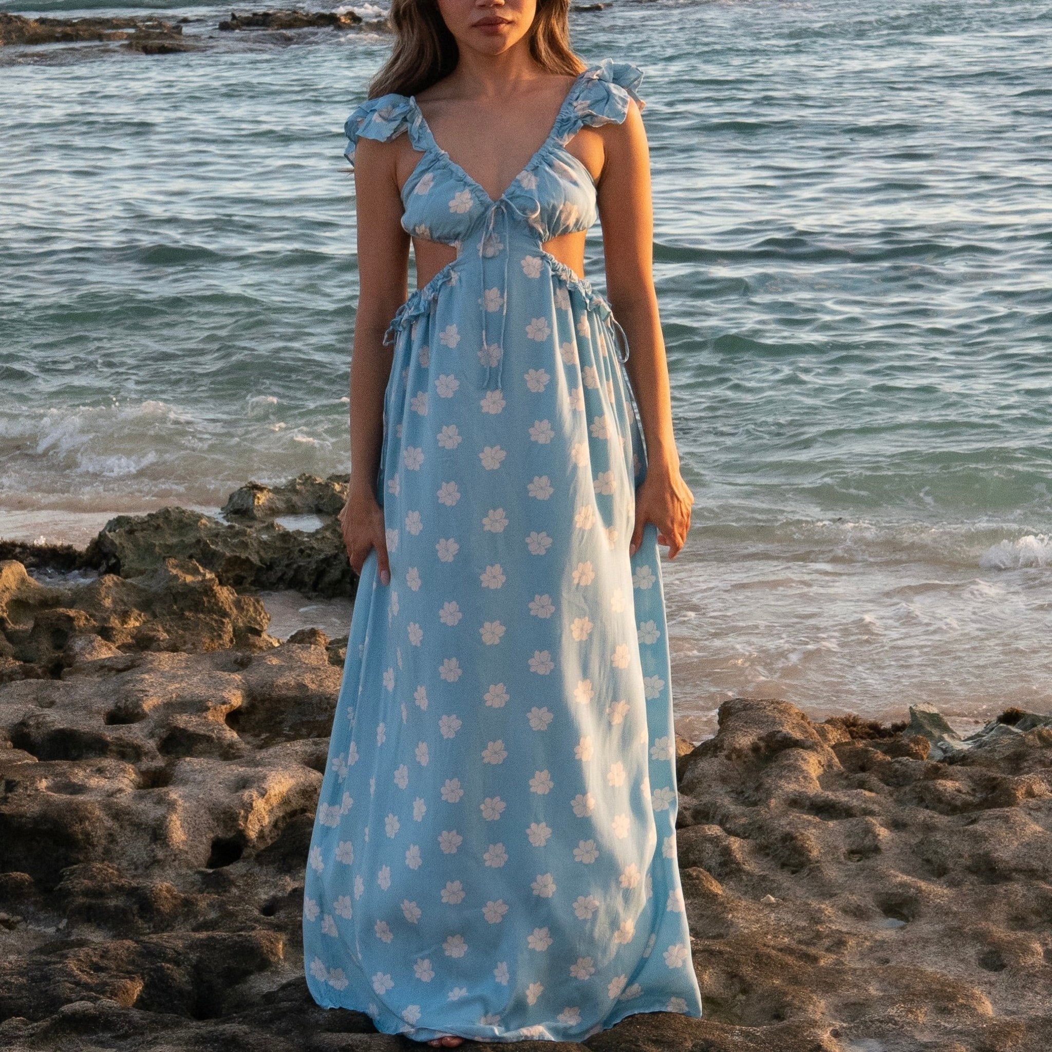 Bali Dress | Women's Periwinkle Gardenia Maxi - Sweet Sweet Honey Hawaii