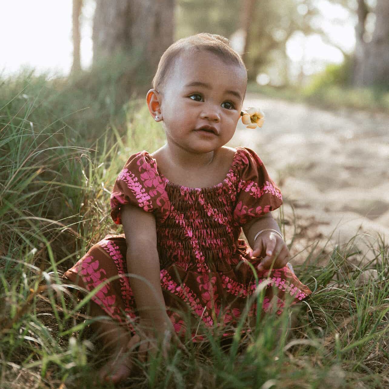 Brown Lei Puakenikeni Sleeved Melody Romper - Sweet Sweet Honey Hawaii