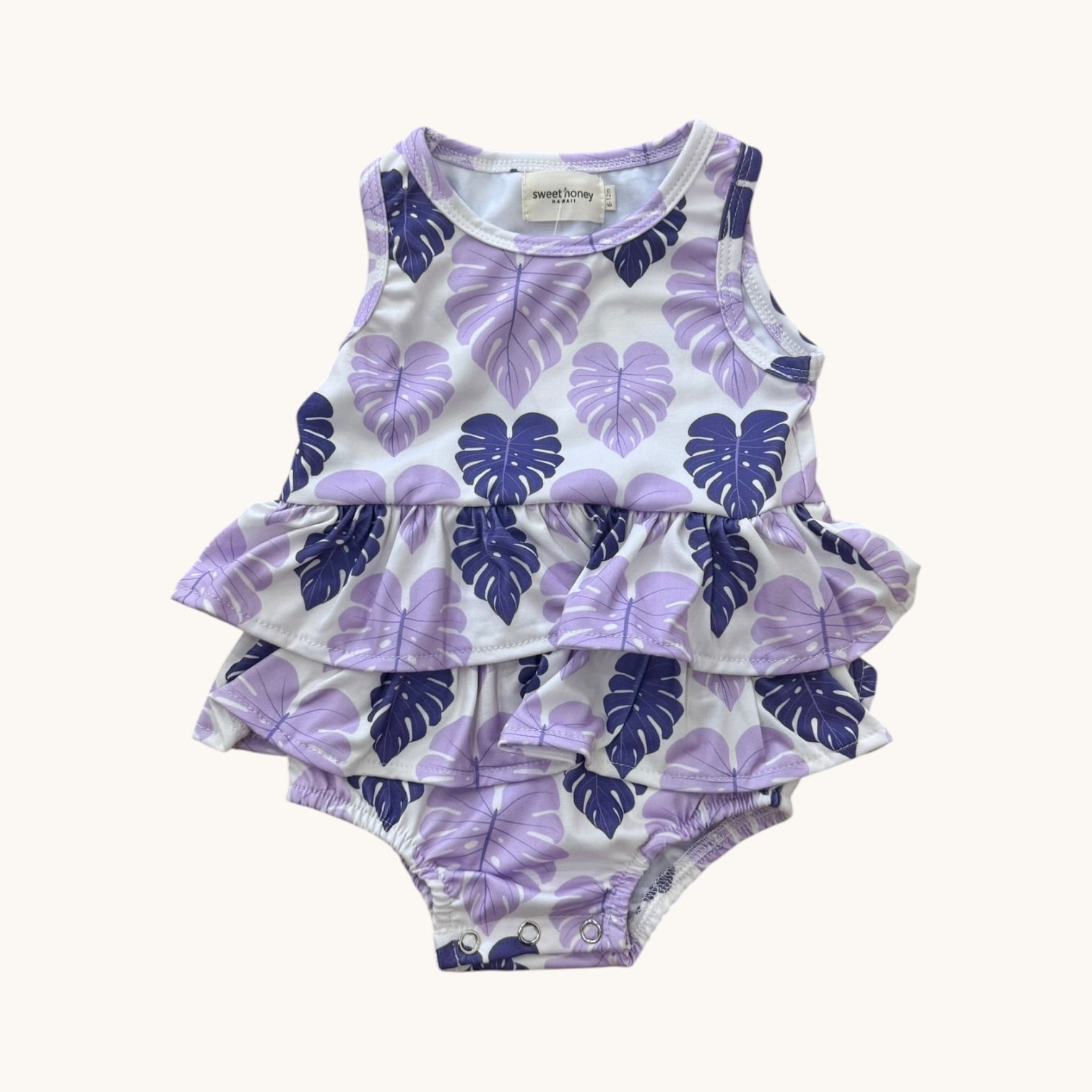 Purple Love Monstera Ruffle Tank Romper - Sweet Sweet Honey Hawaii