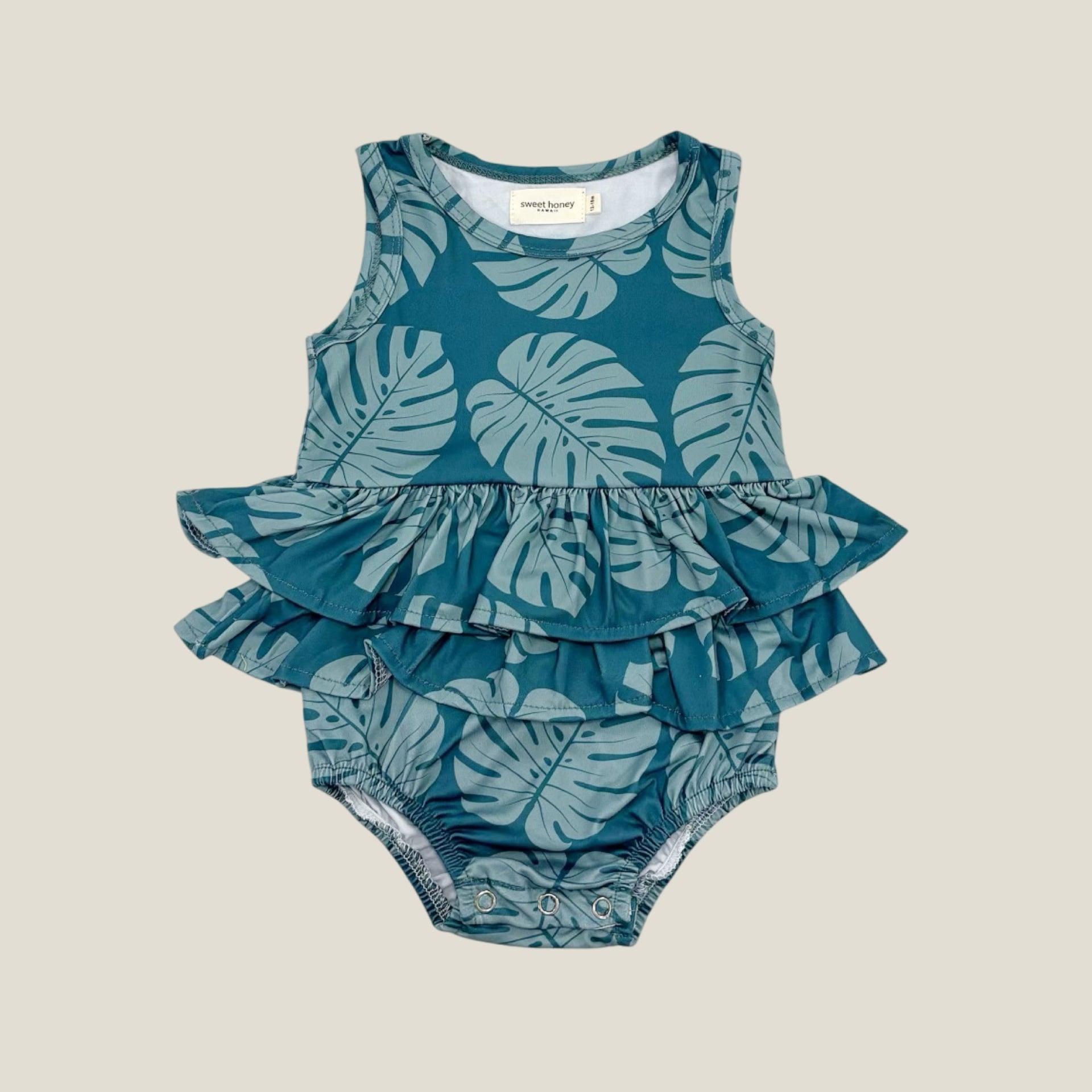 Teal Monstera Tank ruffle romper - Sweet Sweet Honey Hawaii